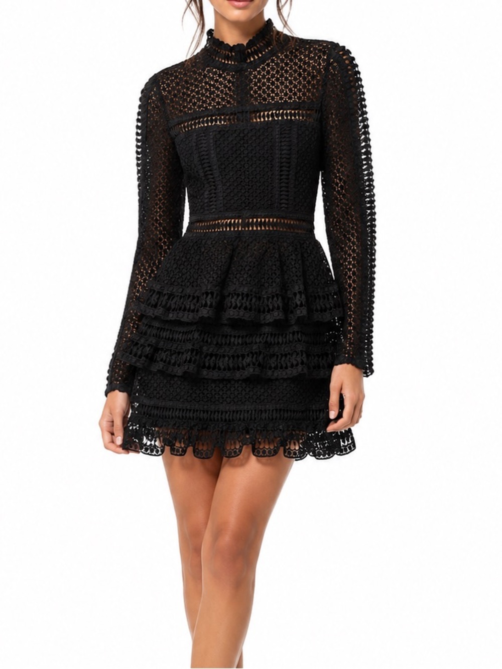 Romeo & Juliet Couture Black Long Sleeve Crochet Lace Mini Dress